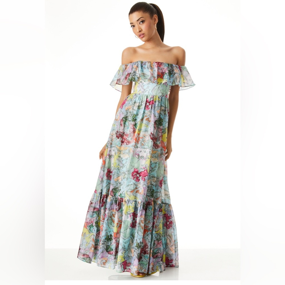 NWT A+O X LOLA SCHNABEL TEMPIE RUFFLE OFF SHOULDER MAXI DRESS. Size 10
